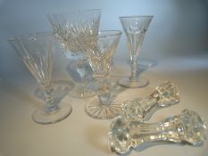 Three Regency cut glass wine glasses along with a large cut glass runner and two moulded knife