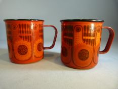 Pair of Finel enamelled Mid-Century metal mugs with stylised pigeon design