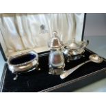 Mappin & Webb Silver 3 Piece Condiment Set In Fitted Box, Blue Glass Liners, Fully Hallmarked