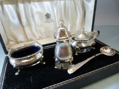 Mappin & Webb Silver 3 Piece Condiment Set In Fitted Box, Blue Glass Liners, Fully Hallmarked