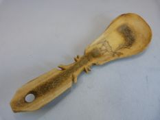 19th Century Lapland carved antler spoon, engraved in the bowl with a Reindeer Stag.