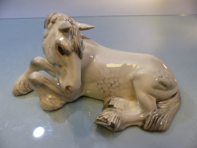 Dapple Gray Beswick horse laying down - Shire Horse with two front feet up, along with an unmarked - Image 4 of 6