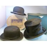 Vintage Hats - To include a Top Hat in original box by Walter Barnard and Son. Along with two bowler