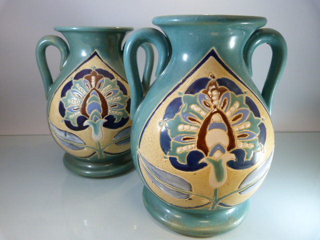 Pair of Art Nouveau style twin handled vases
