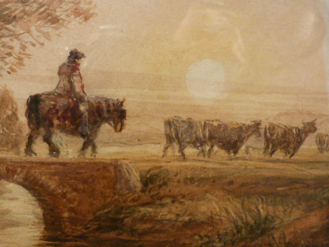 DAVID COX (1783 - 1859) Cattle and a Drover on a Bridge: Watercolour 11.1 x 14.6cm with bill of sale - Image 3 of 5