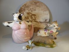 Collection of cow related items to include Szeiler, Comical Teapot and a DeKoe plate.