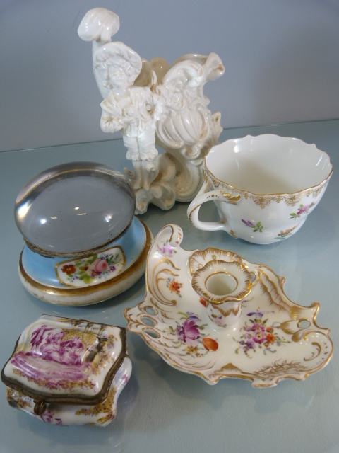 Antique Porcelain - Meissen pill pot decorated with scenes, along with a Dresden candle stick with