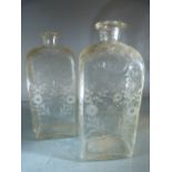 Pair of 18th Century clear glass bottles of rectangular form with Wheelcut decoration. Rough
