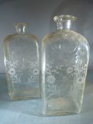 Pair of 18th Century clear glass bottles of rectangular form with Wheelcut decoration. Rough