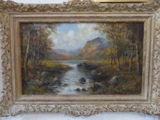 F E Jameson, oil on canvas landscape study depicting mountain river scene