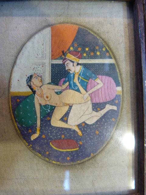 Four handpainted Mughal Indian miniatures. Two depicting Erotica scenes along with two others. 1) - Image 3 of 9
