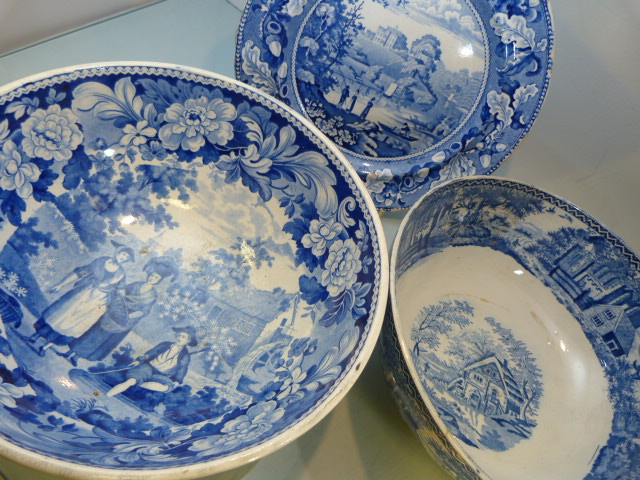 18th and 19th Century Pearl Ware - 1) Large blue and white mixing footed bowl (slightly askew)