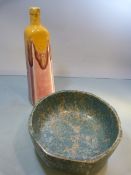 Studio Pottery: Blue and white glazed bowl and a pottery French Liquor bottle