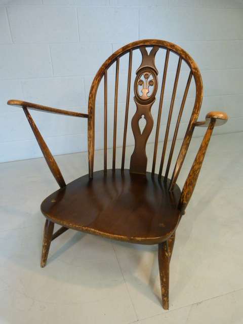 Ercol spindle back nursing chair with Prince of Wales Motif