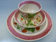 Strawberry Creamware/Pearlware set to include a Plate, Tea bowl and Saucer.