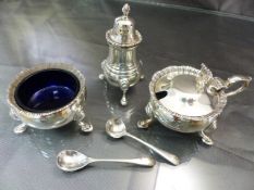 Hallmarked silver three piece condiment set by J B Chatterley & Sons Ltd, Birmingham 1967 and