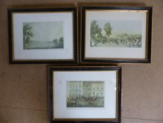 James Pollard - Three prints of town scenes. Mounted in black and gold frames.