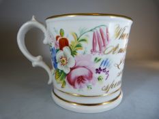 Staffordshire scroll handle mug decorated with flowers and a verse 'When this you see remember me,