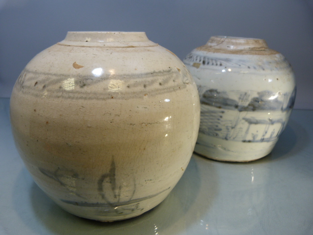 Two Early blue and White stoneware glazed ginger vases (no covers). Decorated with coastal scenes. - Image 2 of 19