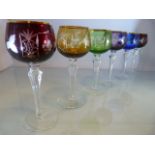Set of six German hock glasses with clear glass stems and coloured bowls