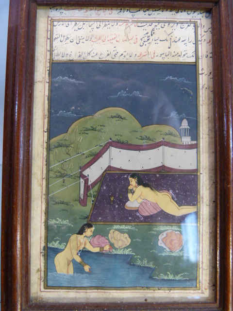 Four handpainted Mughal Indian miniatures. Two depicting Erotica scenes along with two others. 1) - Image 4 of 9