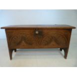 WITHDRAWN:Late 17th Century/ Early18th century Six plank oak coffer raise on semi circle cut legs.