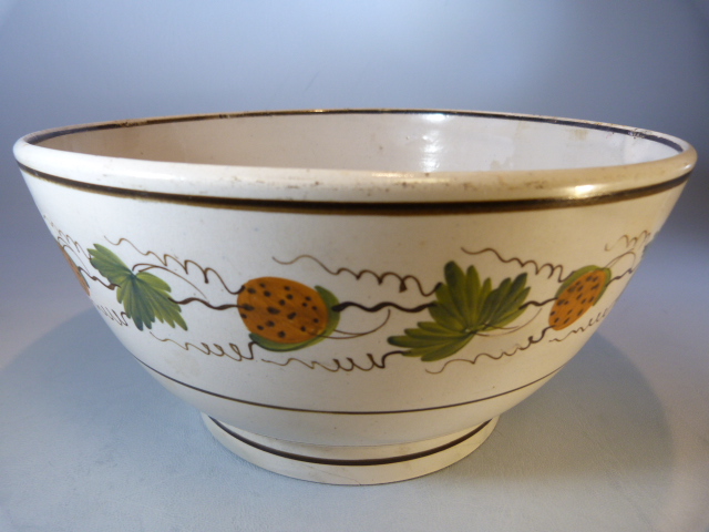 Staffordshire strawberry pearlware bowl c.1790 in Pratt Colours. Large deep footed bowl decorated in - Image 6 of 7