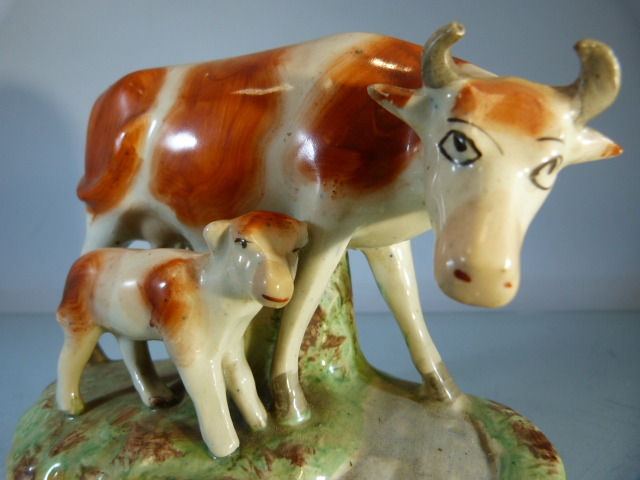 Early Staffordshire cow and her calf crossing the Road. Sponge decorated base. - Image 2 of 6