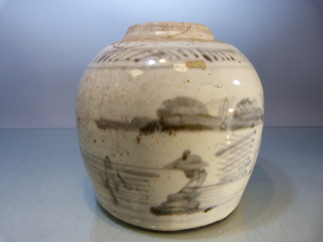 Two Early blue and White stoneware glazed ginger vases (no covers). Decorated with coastal scenes. - Image 3 of 19