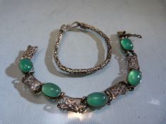 Two interesting silver (925 & Birmingham marked) bracelets one with five green mounted chrysoprase