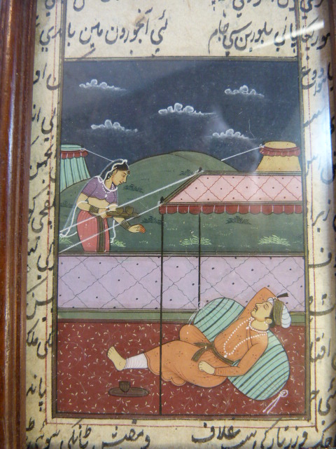 Four handpainted Mughal Indian miniatures. Two depicting Erotica scenes along with two others. 1) - Image 9 of 9