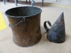 Early copper brass snuff with loop handle of large form and a small handled copper cooking pot.