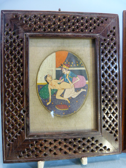 Four handpainted Mughal Indian miniatures. Two depicting Erotica scenes along with two others. 1) - Image 2 of 9