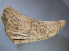 19th Century Whales tooth depicting a 'Liberty and Freedom' scene. Double sided of a lady awaiting a