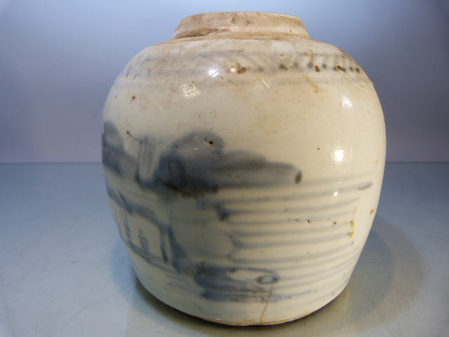 Two Early blue and White stoneware glazed ginger vases (no covers). Decorated with coastal scenes. - Image 5 of 19