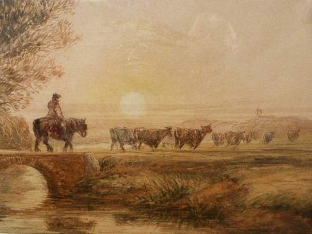 DAVID COX (1783 - 1859) Cattle and a Drover on a Bridge: Watercolour 11.1 x 14.6cm with bill of sale - Image 2 of 5