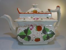 Strawberry Creamware/Pearl Ware c.1800s tea pot and cover with floral knop to cover. The square form