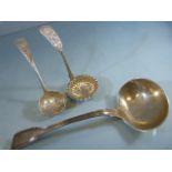 Silver spoons: A ladle London 1841 maker III, and two sugar sifter spoons both London 1862 & 1897,