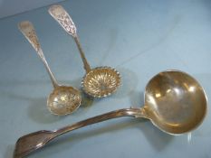 Silver spoons: A ladle London 1841 maker III, and two sugar sifter spoons both London 1862 & 1897,