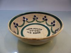 Local Interest - Early pottery souvenir bowl decorated in Green White and blue ' Good Health to