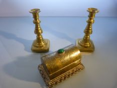 Brass engraved match striker in the form of a chest with a polished malachite stone to lid and a