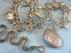 Two hallmarked silver chains with approx 35 silver coloured charms along with a silver box chain and