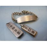 Two hallmarked silver ingots and a hallmarked silver identity bracelet (blank) total weight approx