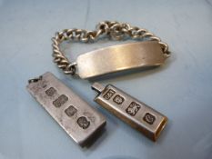 Two hallmarked silver ingots and a hallmarked silver identity bracelet (blank) total weight approx