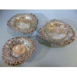 Set of THREE silver hallmarked graduated in size matching heart shaped bon bon dishes with pierced