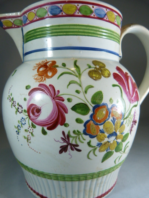 Early 19th Century English Creamware staffordshire jug decorated with Polychrome flowers and - Image 6 of 10