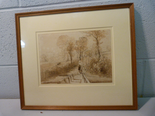 DAVID COX (1783 - 1859): A Footbridge in Pencil & Brown wash 7.25 x 10.25 inches signed and dated