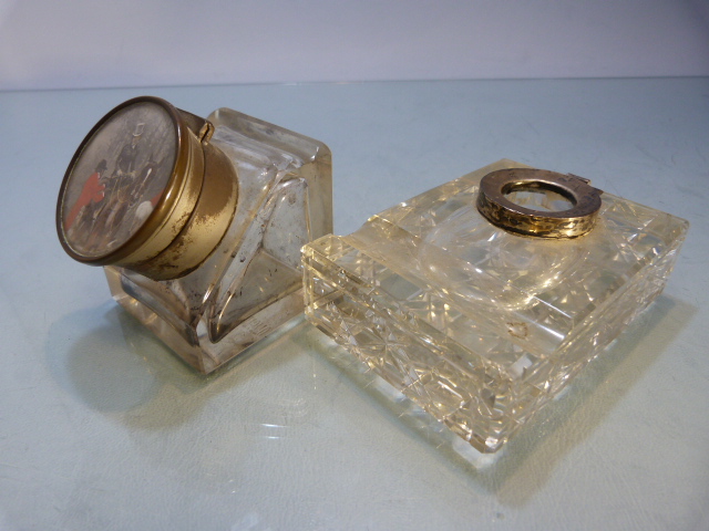 Unusual glass inkwell of cube form, (pen groove to top) the lid pictured of a hunting scene and to - Image 5 of 14