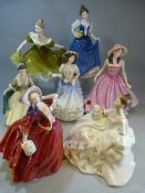 Six Royal Doulton figures - Lynne, Autumn Breezes, Emily, Helen, Elegance, Georgina plus one