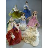 Six Royal Doulton figures - Lynne, Autumn Breezes, Emily, Helen, Elegance, Georgina plus one